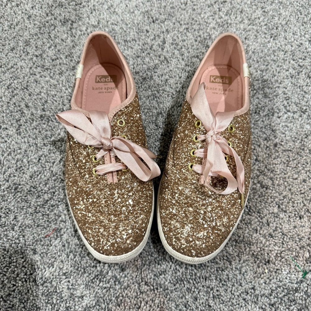 Kate Spade Keds Rose Glitter Satin Laces Sneakers Women US 6.5 Barbie Whimsical